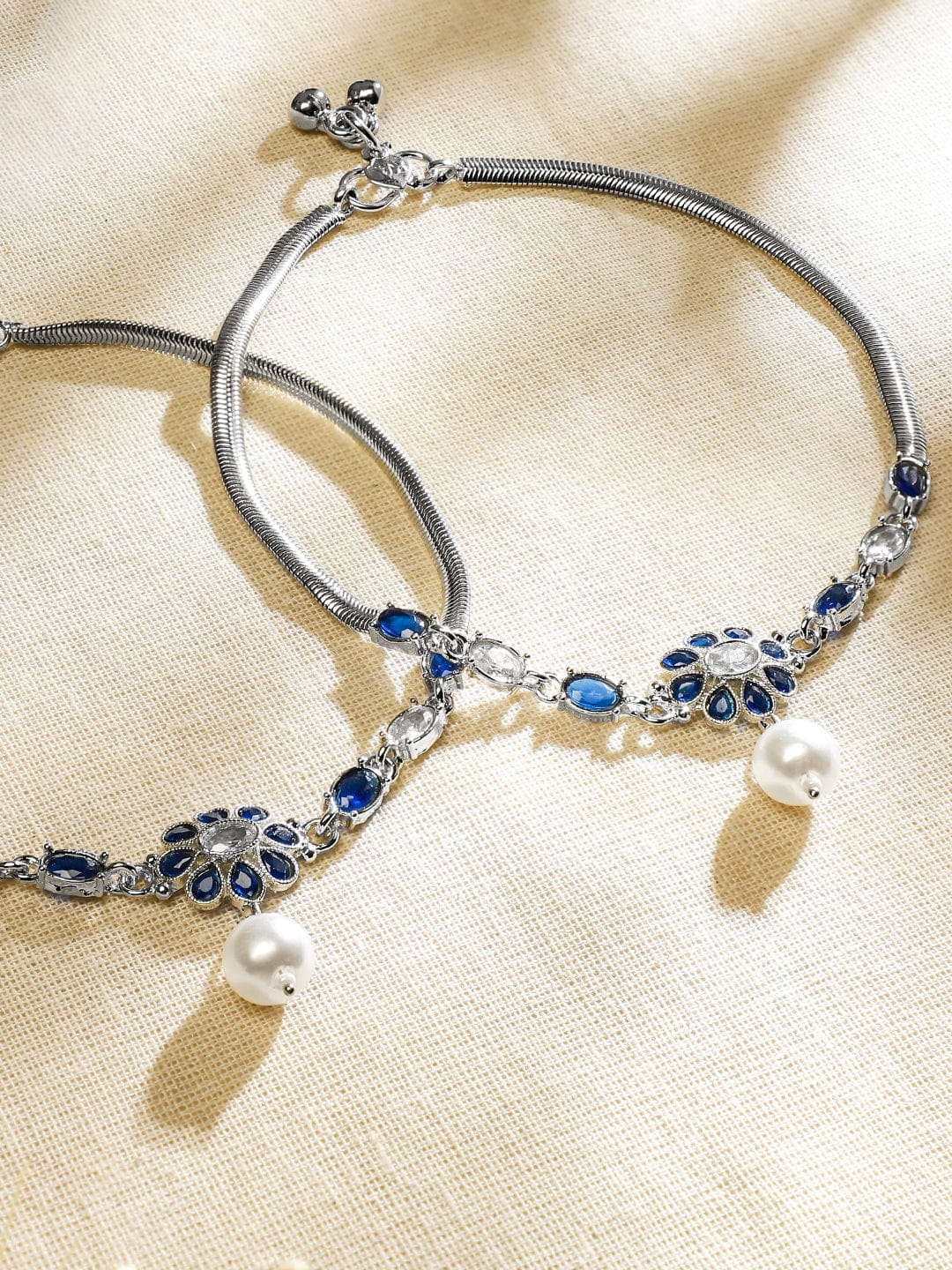 Wentra Set of 2 Oxidised Silver-Plated Blue & White Kundan Stone Anklets with Pearl Accents