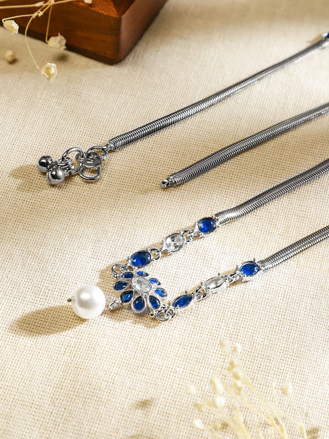 Wentra Set of 2 Oxidised Silver-Plated Blue & White Kundan Stone Anklets with Pearl Accents