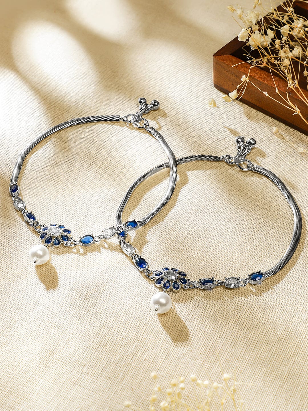 Wentra Set of 2 Oxidised Silver-Plated Blue & White Kundan Stone Anklets with Pearl Accents