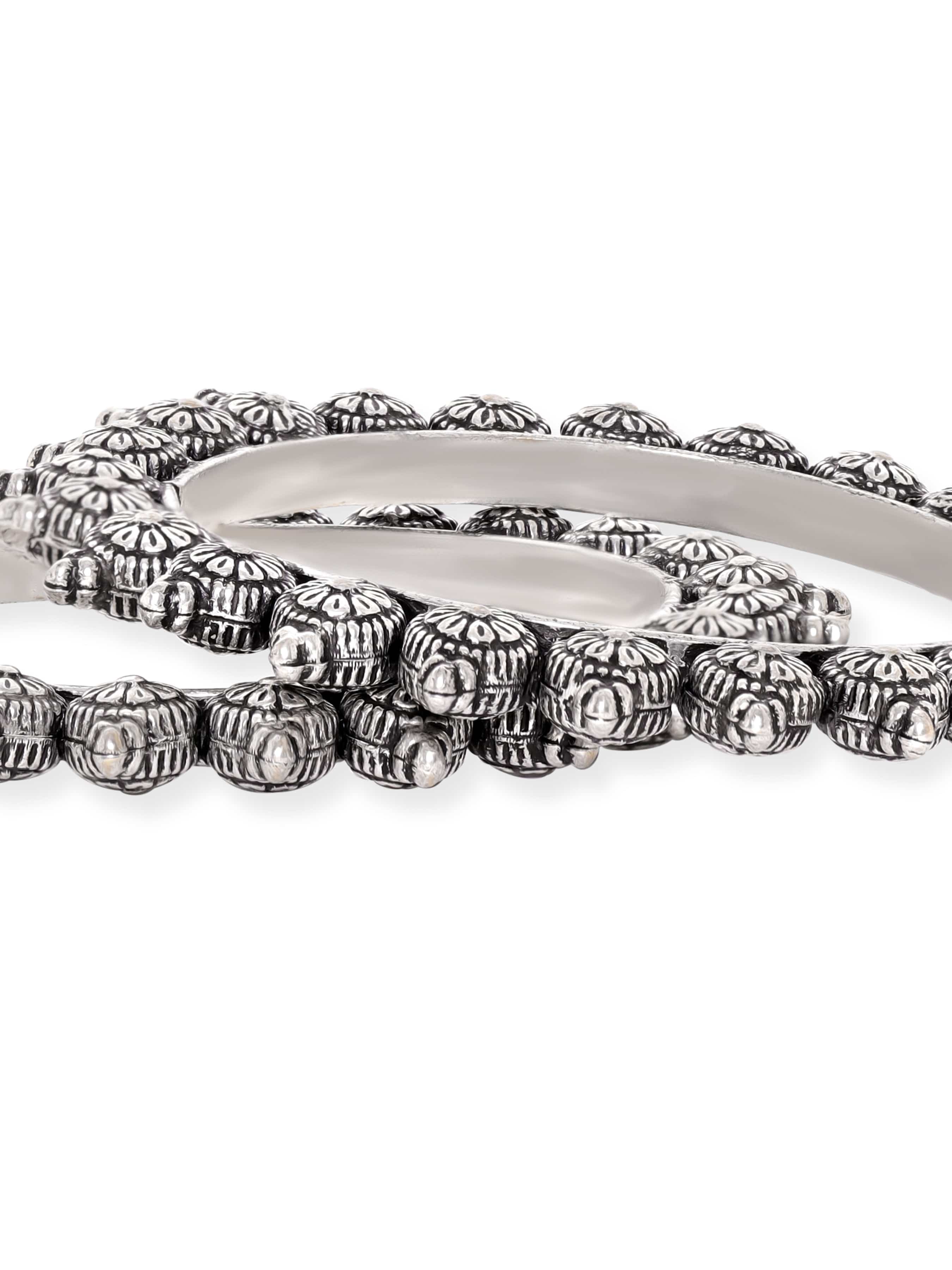 Wentra Set of 2 Oxidized Silver plated Bangles with Lotus Motif
