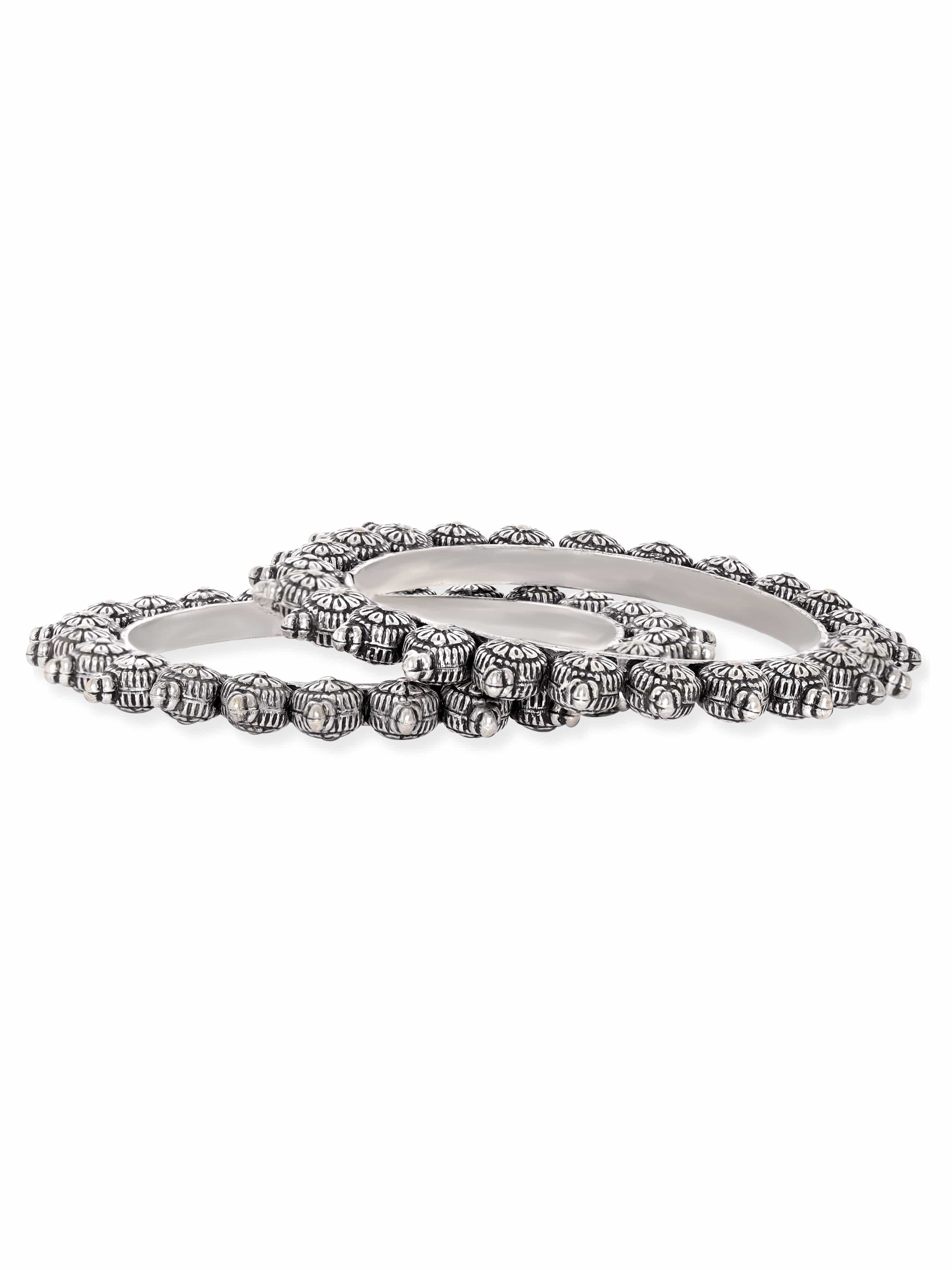 Wentra Set of 2 Oxidized Silver plated Bangles with Lotus Motif