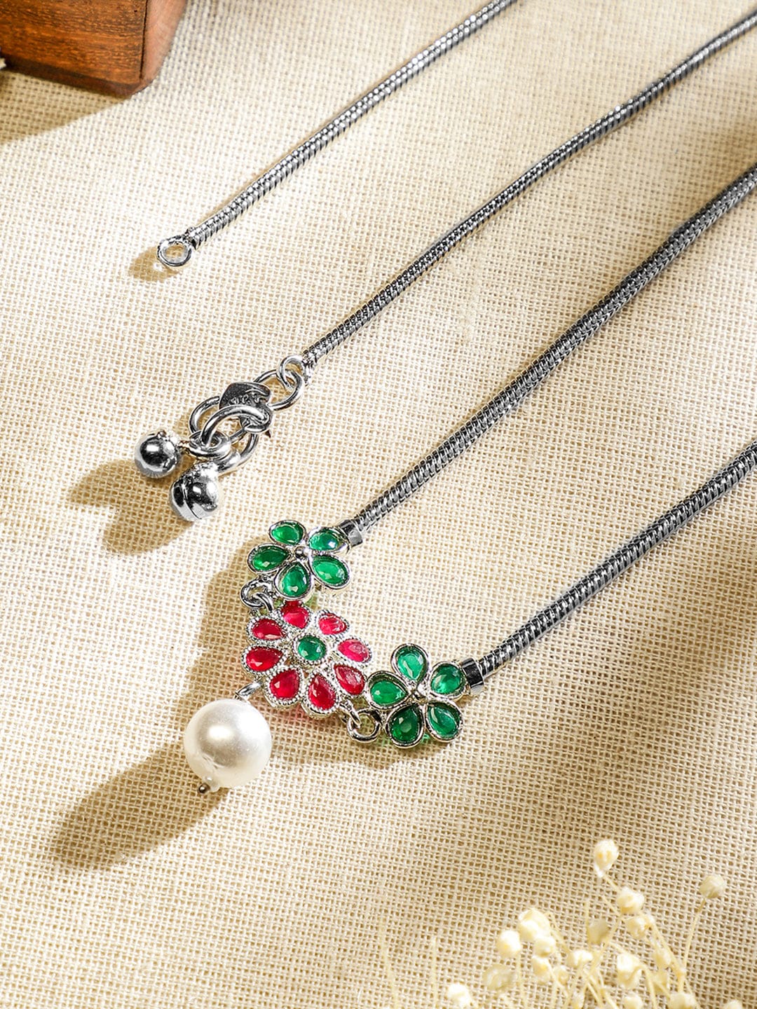 Wentra Set of 2 Oxidized Silver-Plated Ruby Pink & Emerald Green Kundan Floral Anklets with Pearl Accents