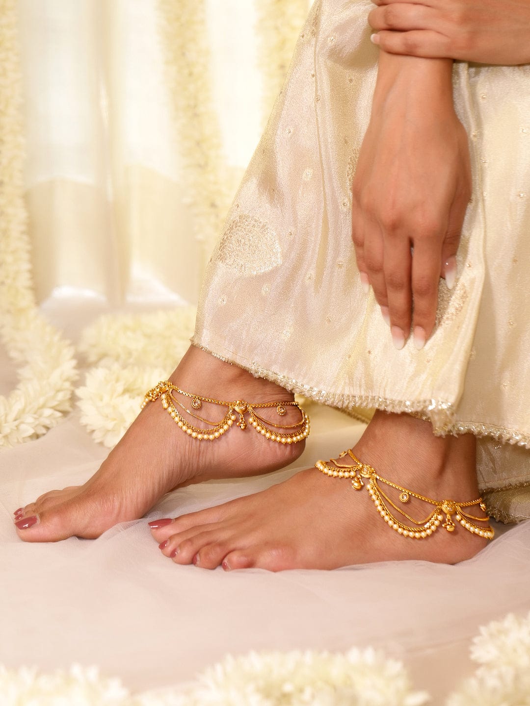 Wentra Set of 2 Pearls & Stone Studded 24K Gold Plated Layered Anklet