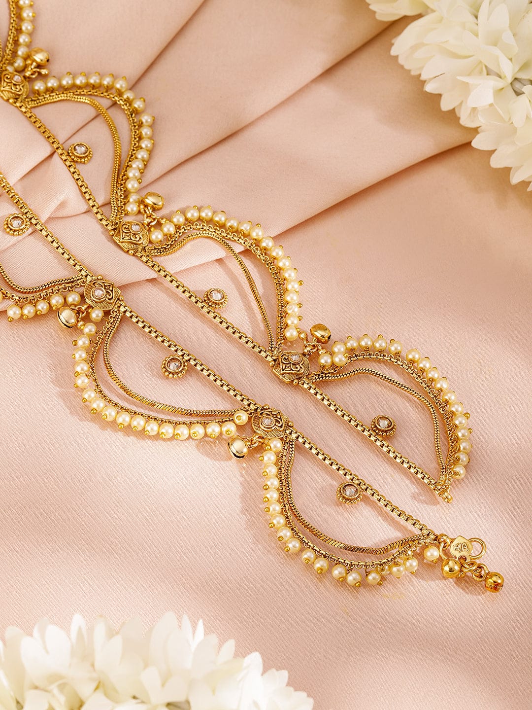 Wentra Set of 2 Pearls & Stone Studded 24K Gold Plated Layered Anklet