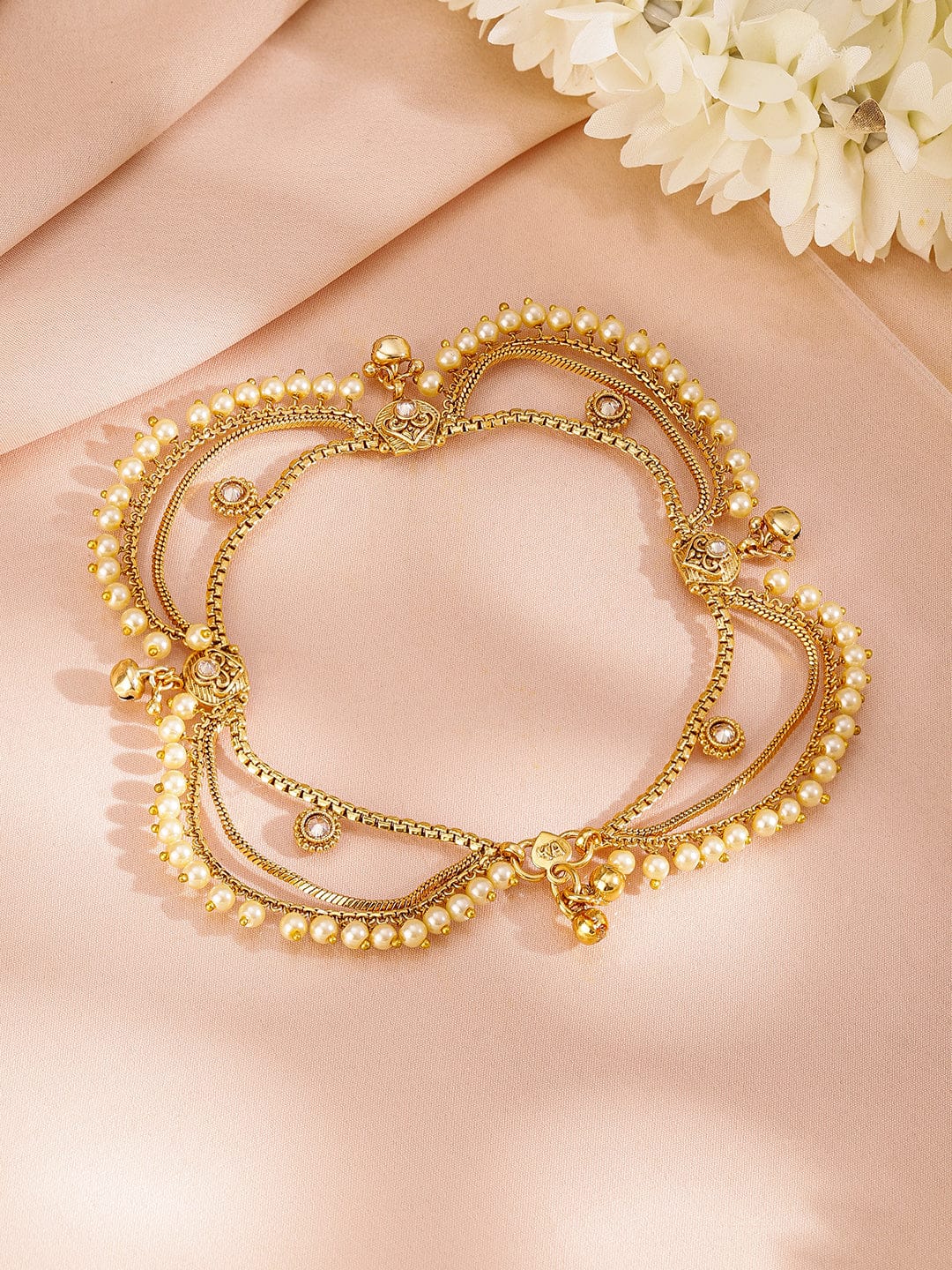 Wentra Set of 2 Pearls & Stone Studded 24K Gold Plated Layered Anklet