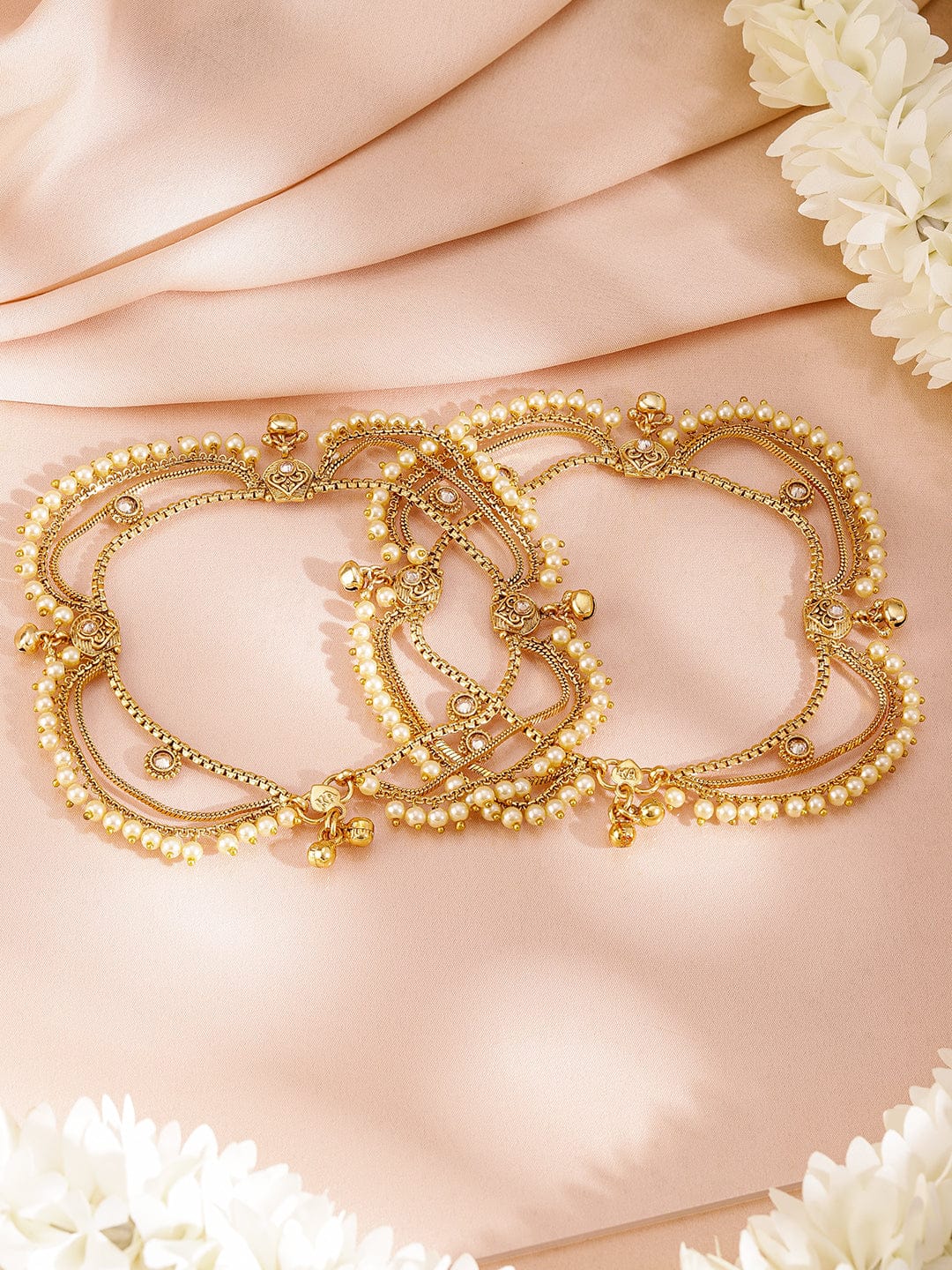Wentra Set of 2 Pearls & Stone Studded 24K Gold Plated Layered Anklet