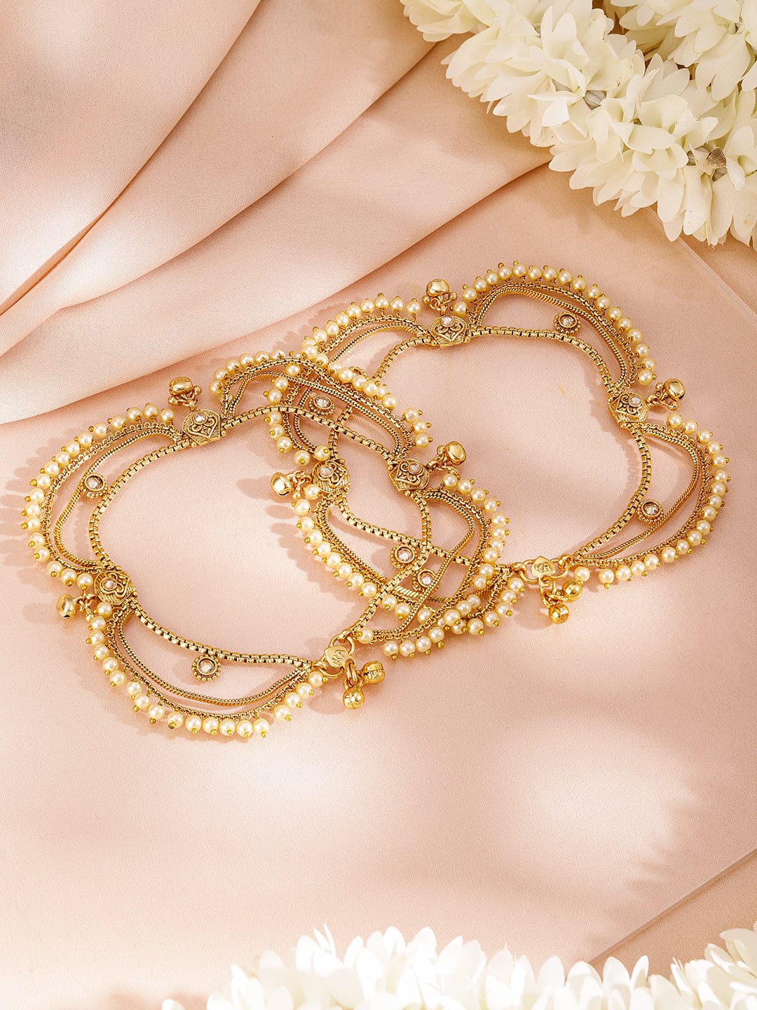 Wentra Set of 2 Pearls & Stone Studded 24K Gold Plated Layered Anklet