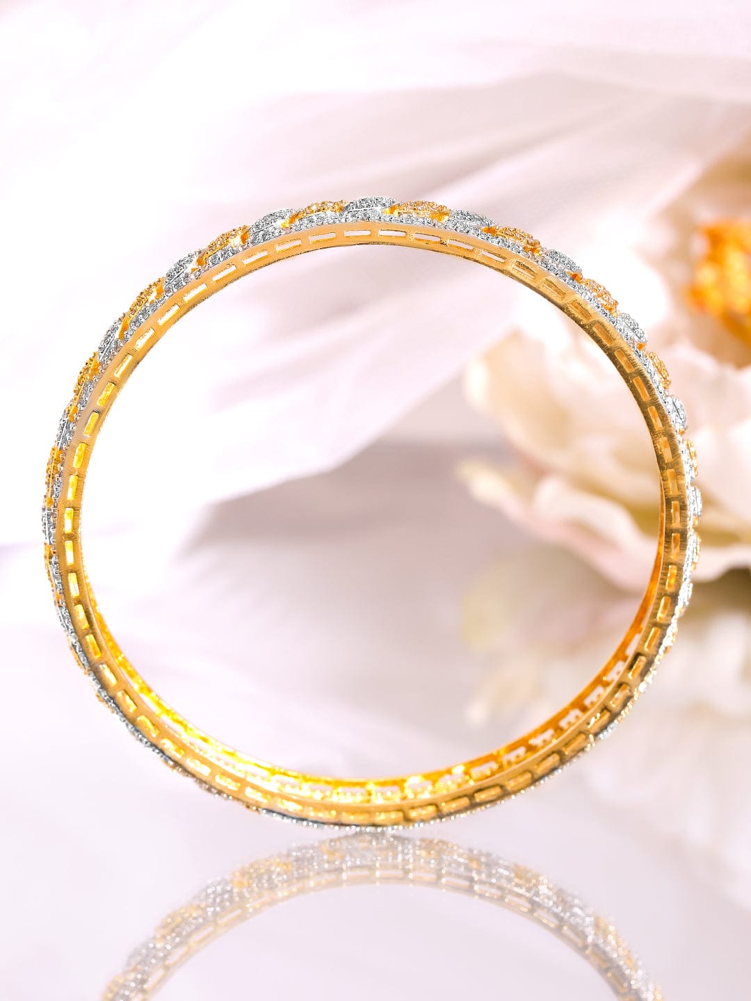 Wentra Set of 2 Rhodium & 18K Gold-Plated Cubic Zirconia Studded Bangles