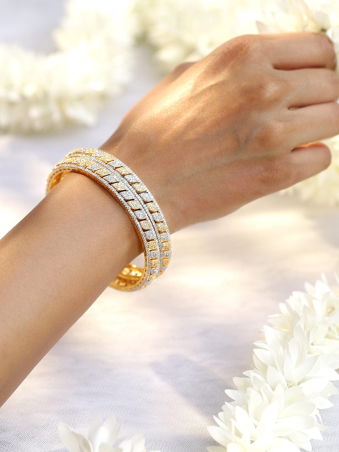Wentra Set of 2 Rhodium & 18K Gold-Plated Cubic Zirconia Studded Bangles