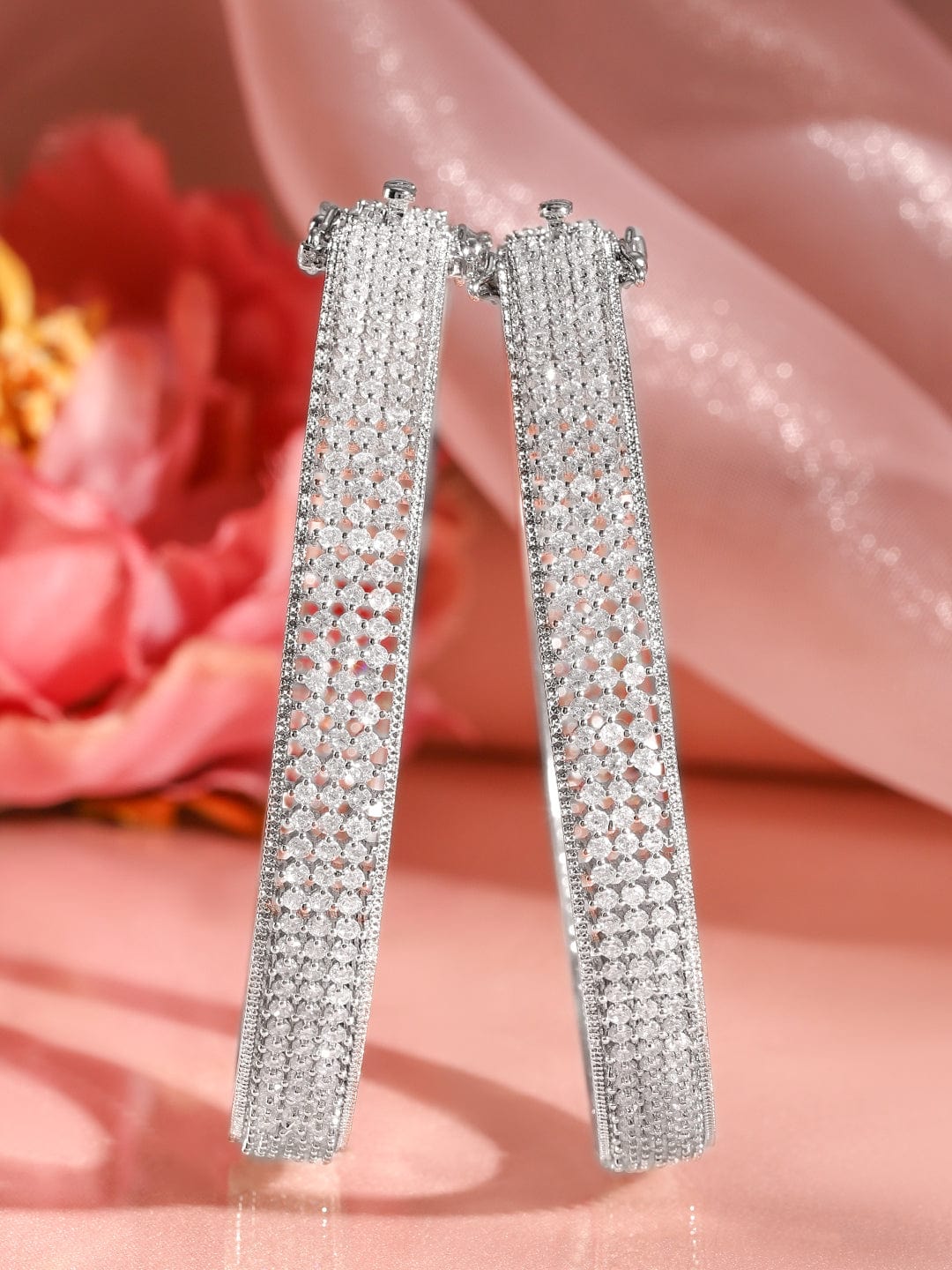 Wentra Set of 2 Rhodium-Plated AAA Cubic Zirconia Studded Handcrafted Openable Bangles