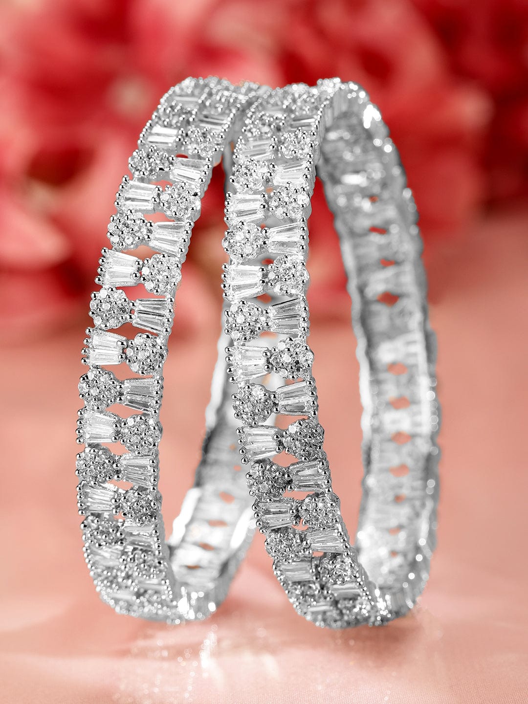 Wentra Set of 2 Rhodium-Plated AAA Cubic Zirconia Studded Handcrafted Premium Bangles