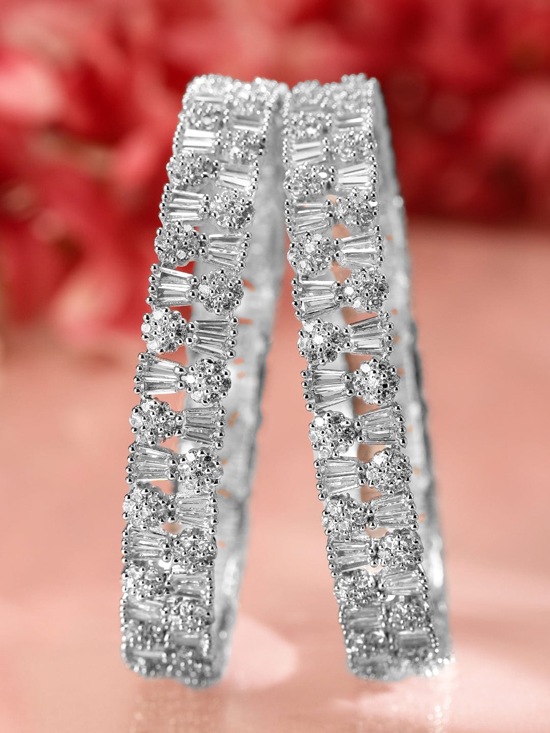Wentra Set of 2 Rhodium-Plated AAA Cubic Zirconia Studded Handcrafted Premium Bangles