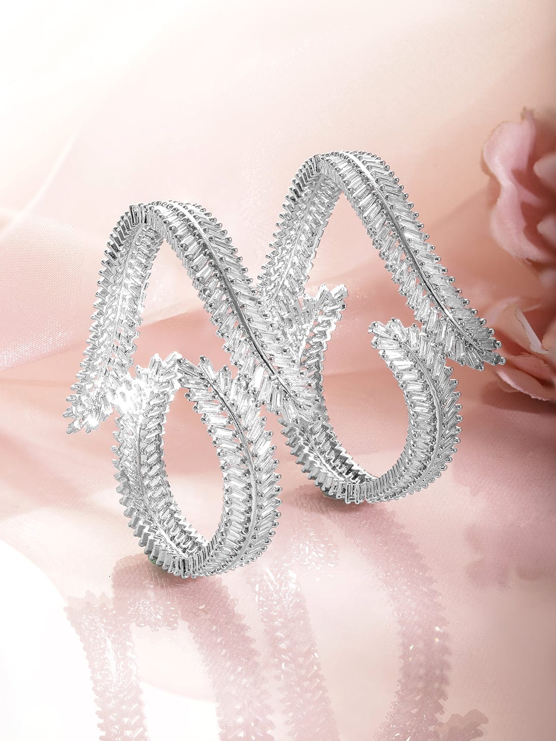 Wentra Set of 2 Rhodium-Plated AD & Cubic Zirconia Studded Premium Bangles