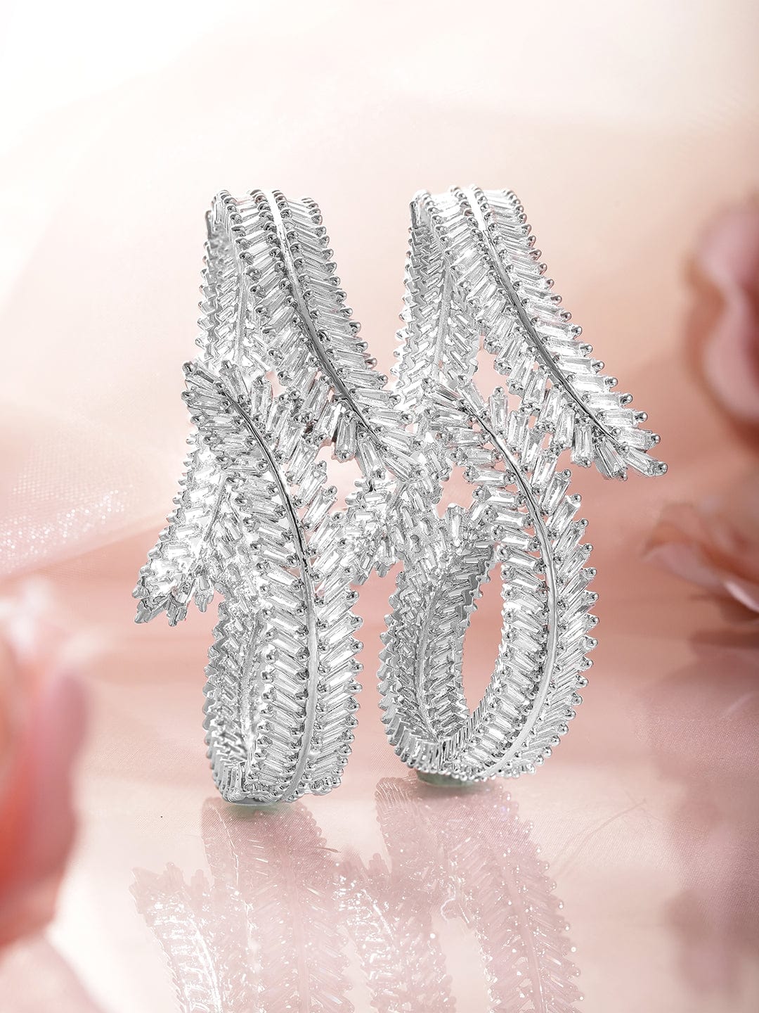 Wentra Set of 2 Rhodium-Plated AD & Cubic Zirconia Studded Premium Bangles