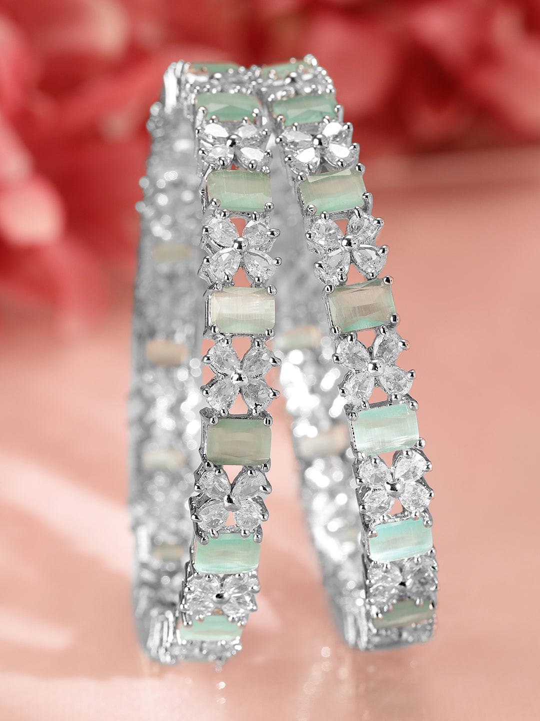 Wentra Set of 2 Rhodium-Plated Bangles with Mint Green Stones & Cubic Zirconia