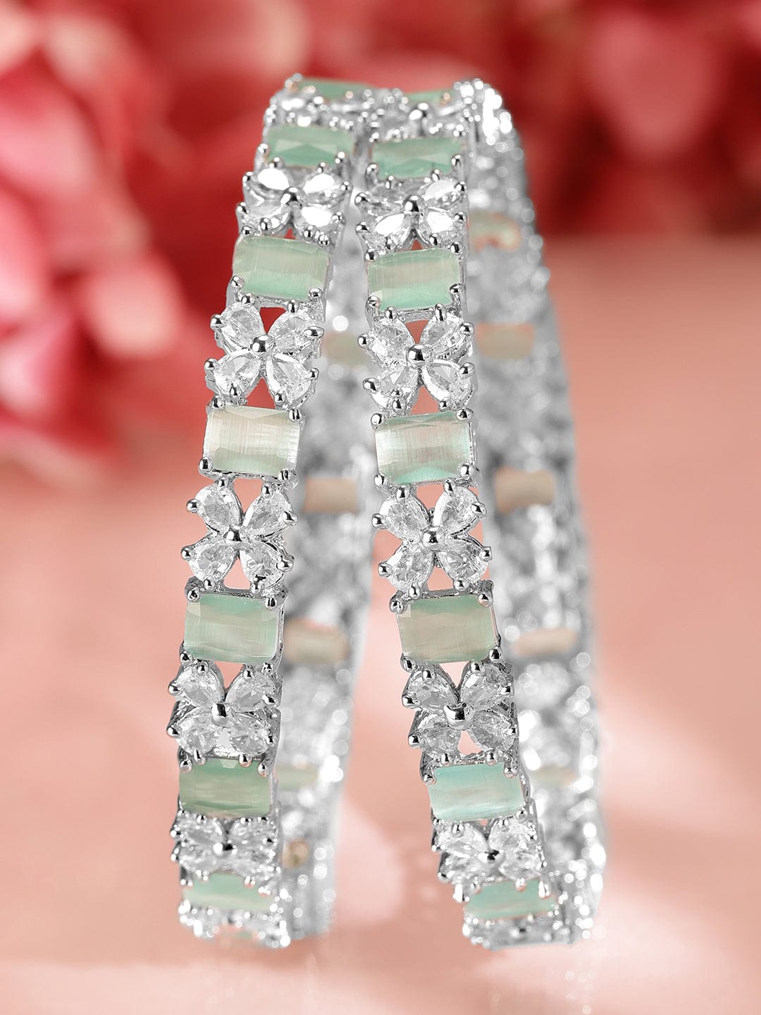 Wentra Set of 2 Rhodium-Plated Bangles with Mint Green Stones & Cubic Zirconia
