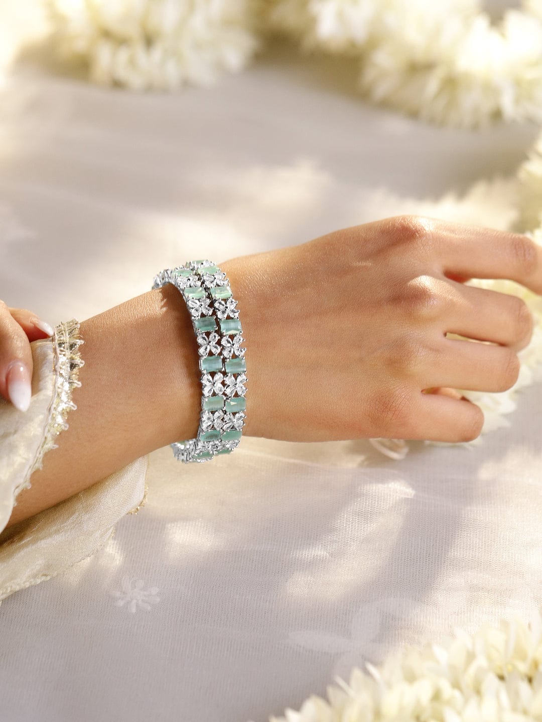 Wentra Set of 2 Rhodium-Plated Bangles with Mint Green Stones & Cubic Zirconia