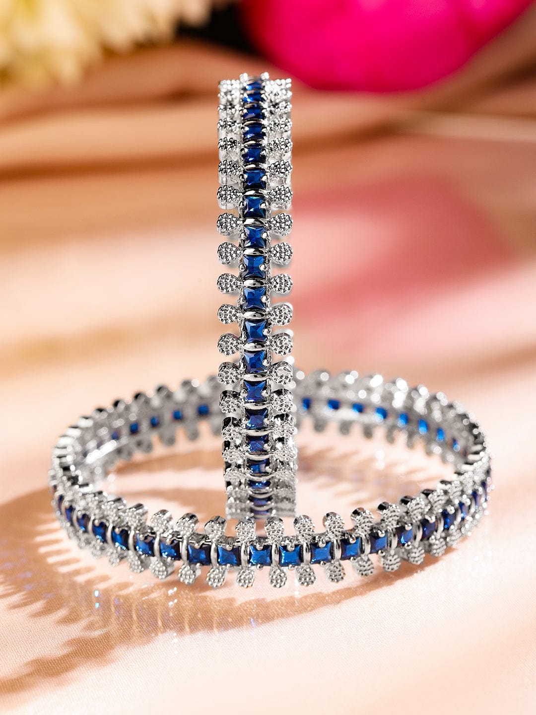 Wentra Set of 2 Rhodium-Plated Blue & White Cubic Zirconia Studded Handcrafted Luxe Bangles for Women