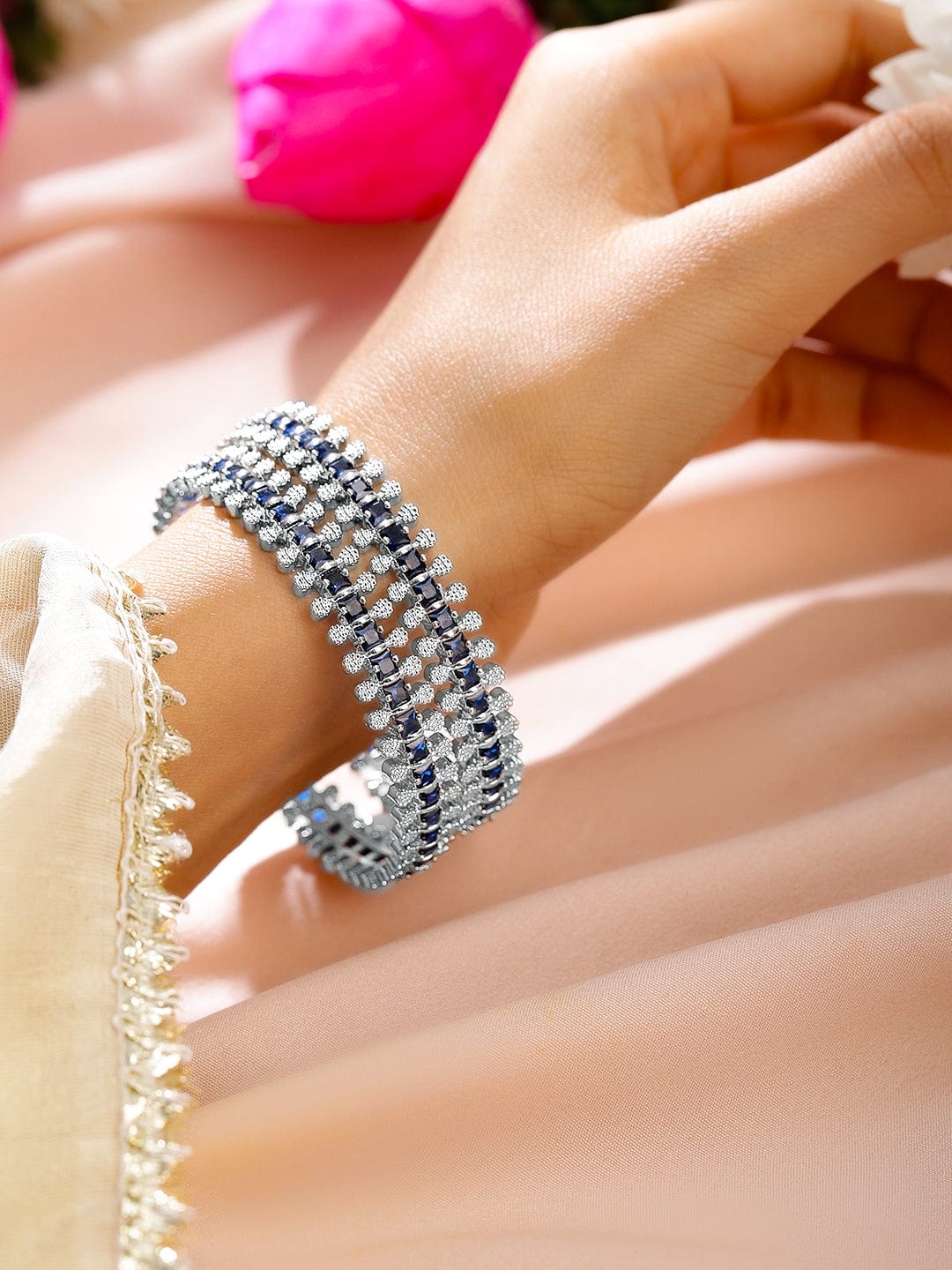 Wentra Set of 2 Rhodium-Plated Blue & White Cubic Zirconia Studded Handcrafted Luxe Bangles for Women