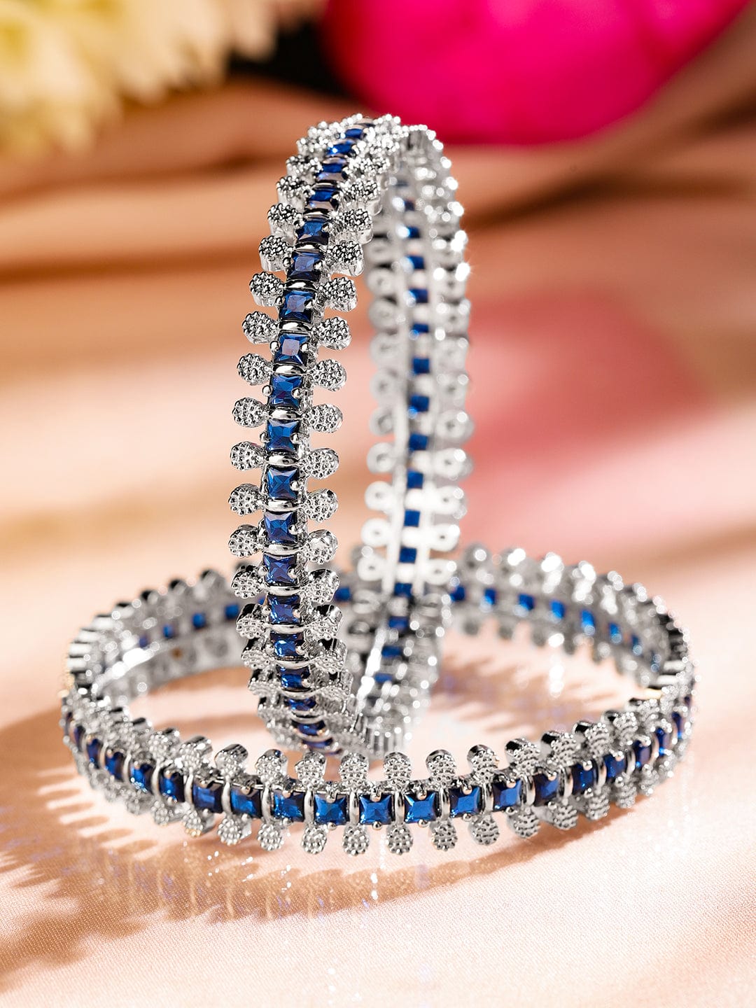 Wentra Set of 2 Rhodium-Plated Blue & White Cubic Zirconia Studded Handcrafted Luxe Bangles for Women
