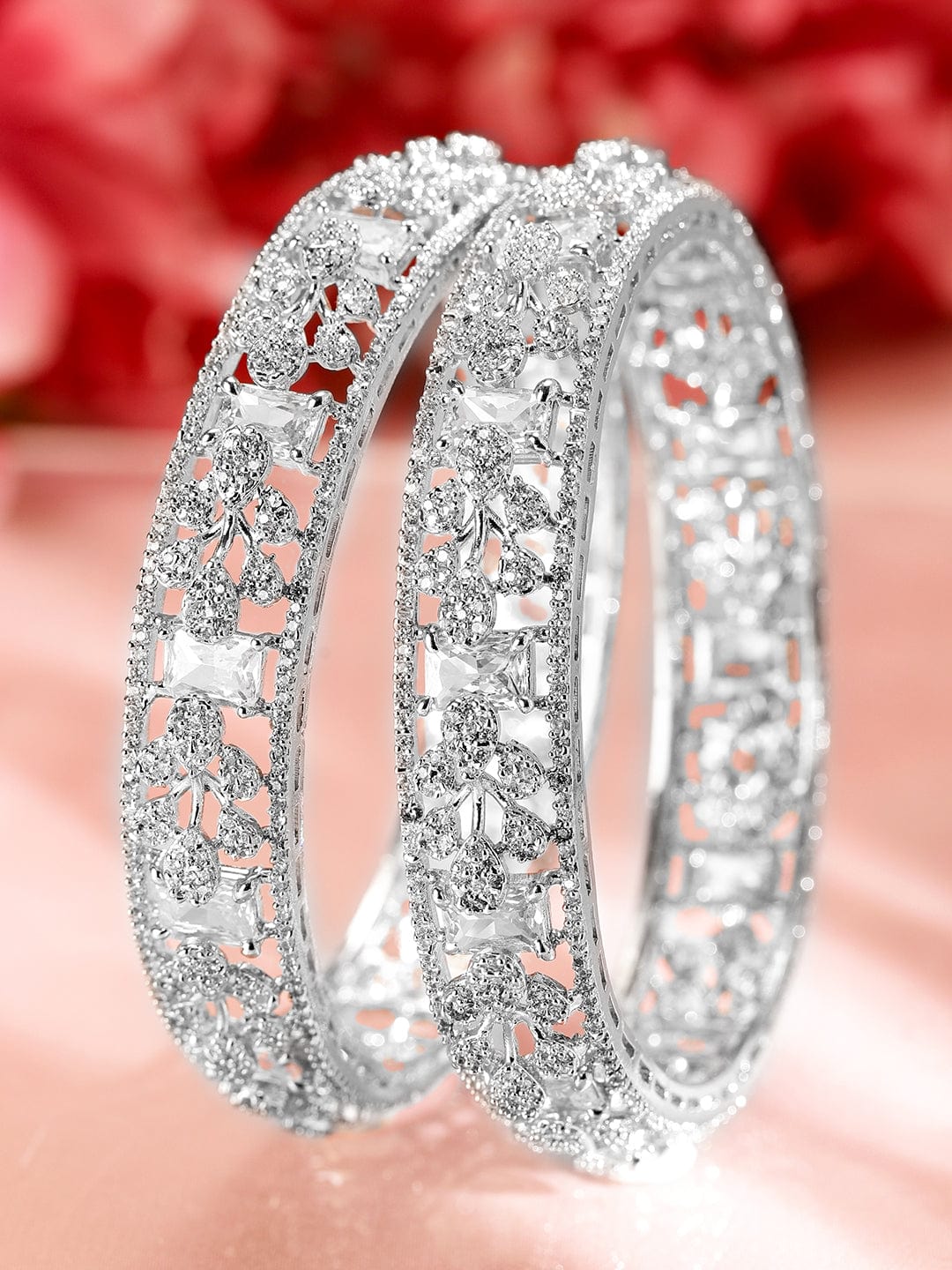 Wentra Set of 2, Rhodium-Plated Cubic Zirconia Studded Premium Handcrafted Bangles