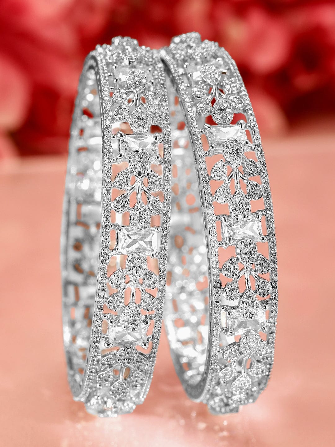 Wentra Set of 2, Rhodium-Plated Cubic Zirconia Studded Premium Handcrafted Bangles