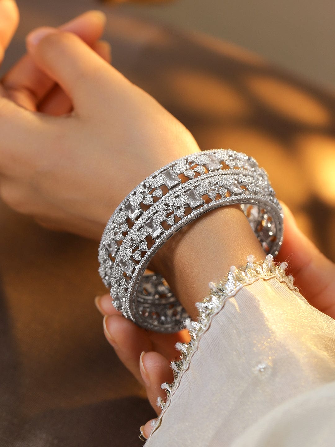 Wentra Set of 2, Rhodium-Plated Cubic Zirconia Studded Premium Handcrafted Bangles
