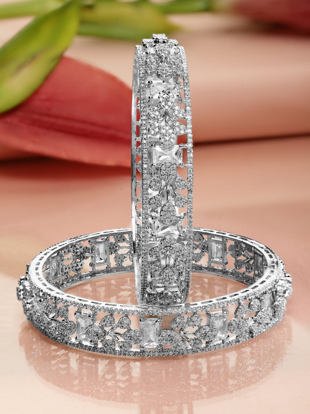 Wentra Set of 2, Rhodium-Plated Cubic Zirconia Studded Premium Handcrafted Bangles