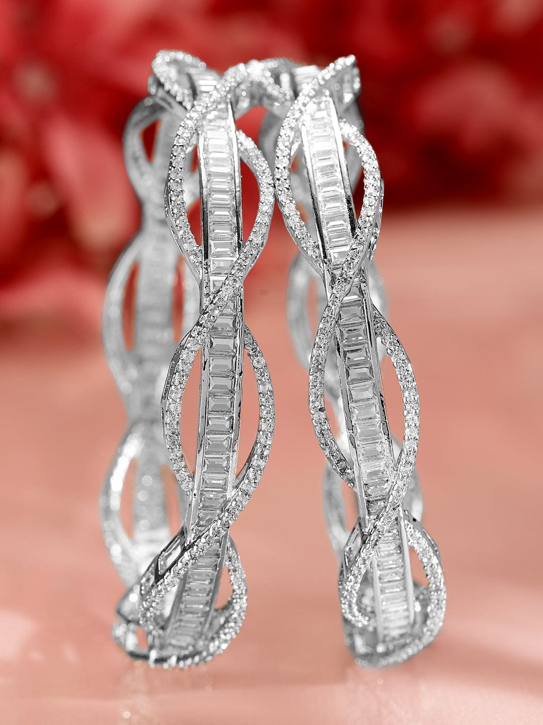 Wentra Set of 2 Rhodium-Plated Cubic Zirconia Studded Twisted Design Premium Bangles