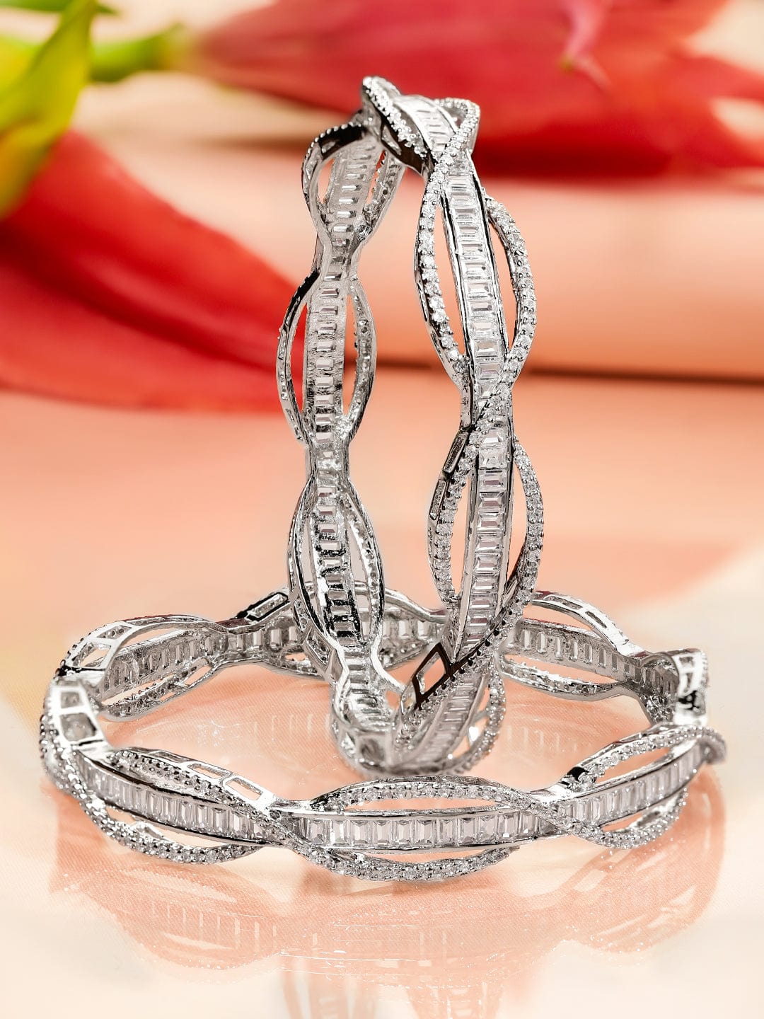 Wentra Set of 2 Rhodium-Plated Cubic Zirconia Studded Twisted Design Premium Bangles