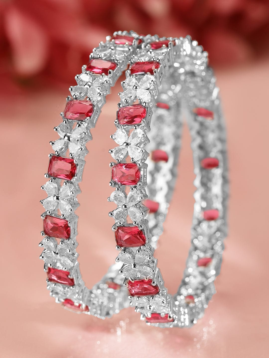 Wentra Set of 2 Rhodium-Plated Ruby Pink & White Cubic Zirconia Studded Bangles