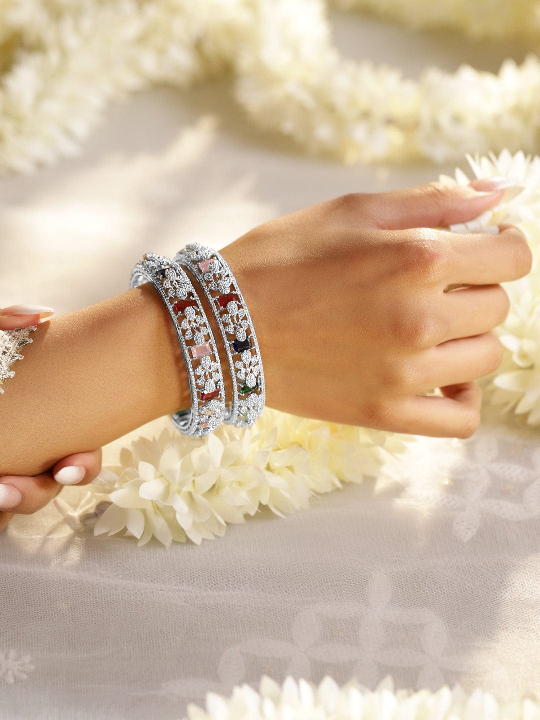 Wentra Set Of 2 Rhodium-Plated CZ Studded Bangles