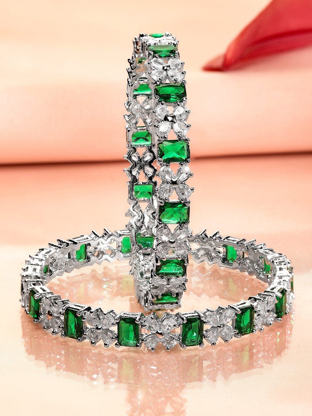 Wentra Set of 2 Rhodium-Plated Emerald Green & White Cubic Zirconia Studded Bangles