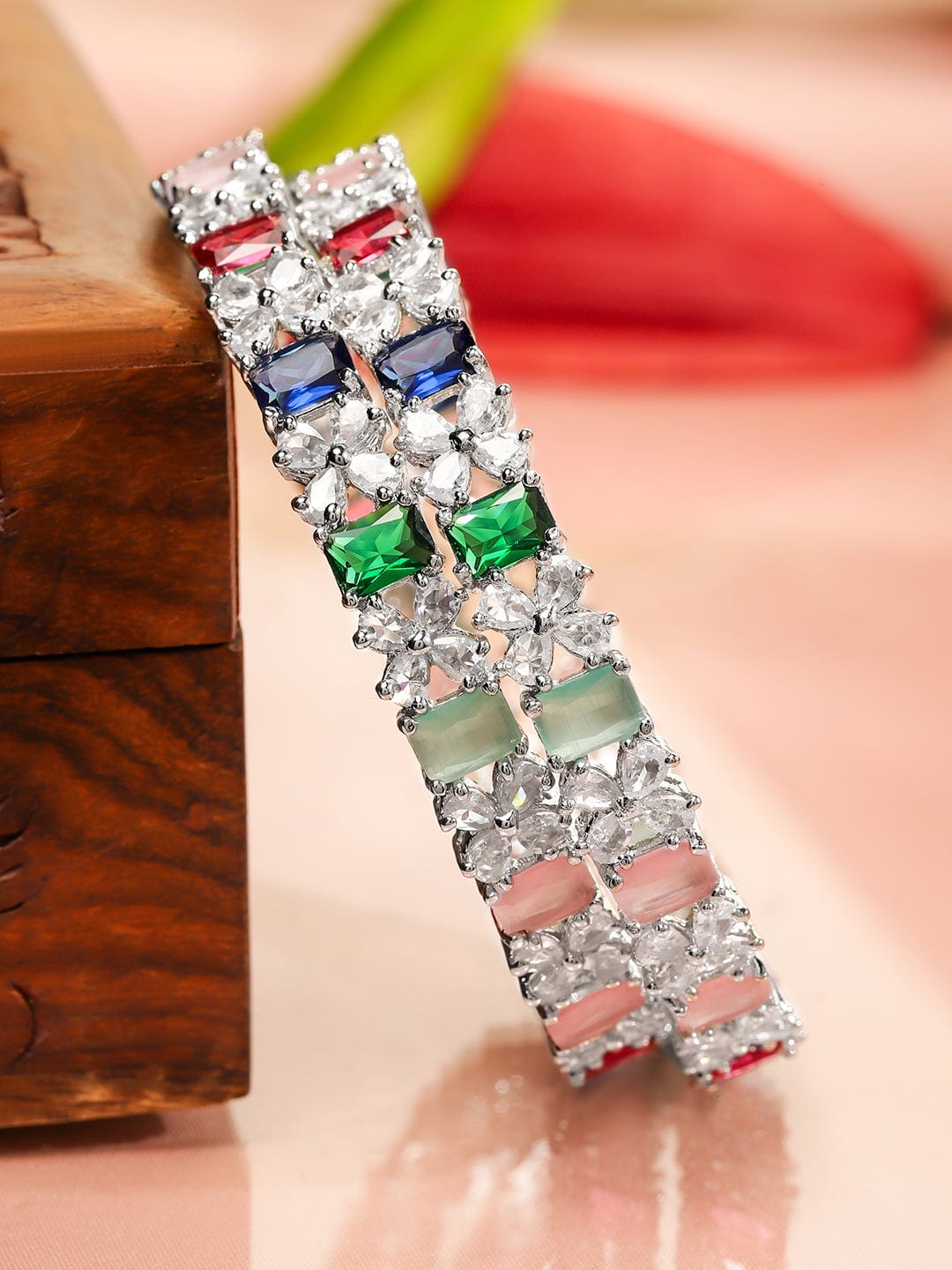 Wentra Set of 2 Rhodium-Plated Multicolor AD & Cubic Zirconia Studded Floral Bangles