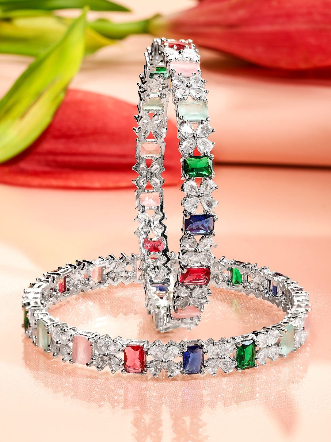 Wentra Set of 2 Rhodium-Plated Multicolor AD & Cubic Zirconia Studded Floral Bangles