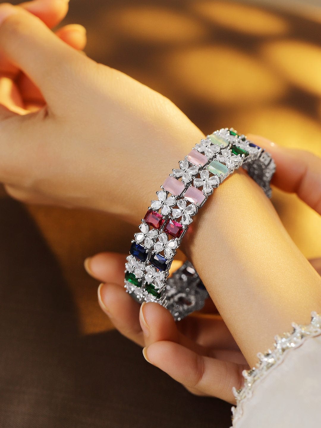Wentra Set of 2 Rhodium-Plated Multicolor AD & Cubic Zirconia Studded Floral Bangles