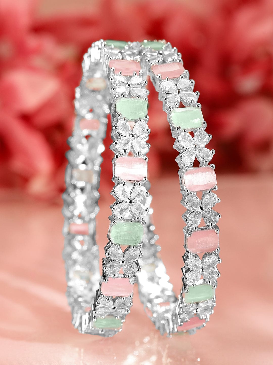 Wentra Set of 2 Rhodium-Plated Pastel Green & Pink and White Cubic Zirconia Studded Bangles