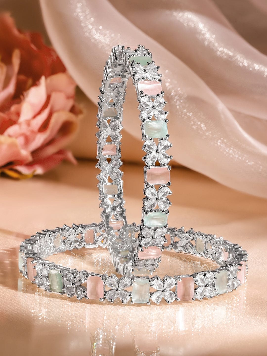 Wentra Set of 2 Rhodium-Plated Pastel Green & Pink and White Cubic Zirconia Studded Bangles
