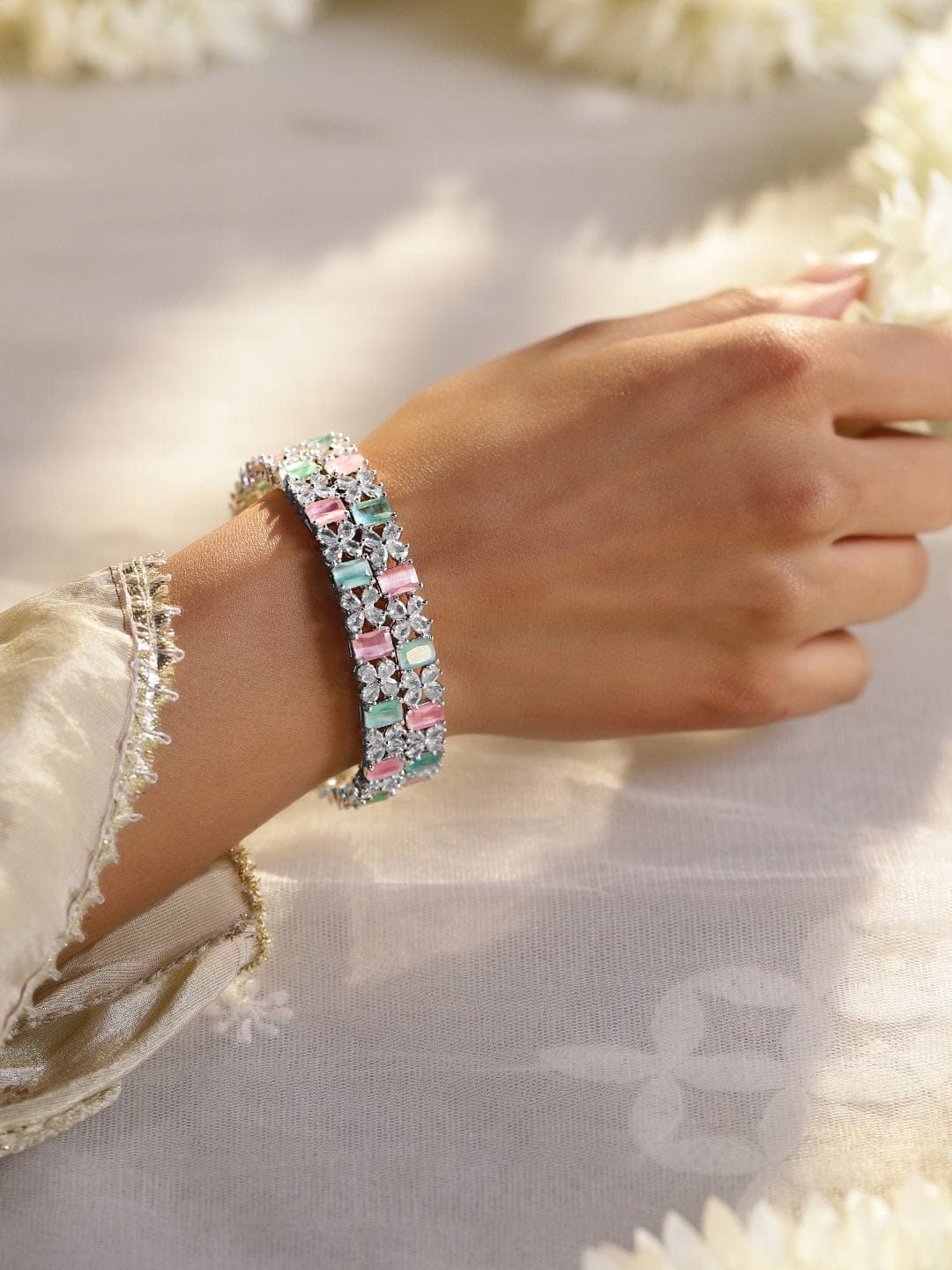 Wentra Set of 2 Rhodium-Plated Pastel Green & Pink and White Cubic Zirconia Studded Bangles