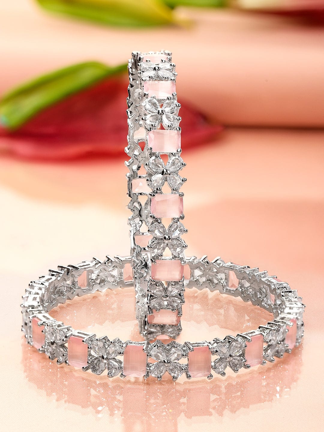 Wentra Set of 2 Rhodium-Plated Pastel Pink & White Cubic Zirconia Studded Bangles