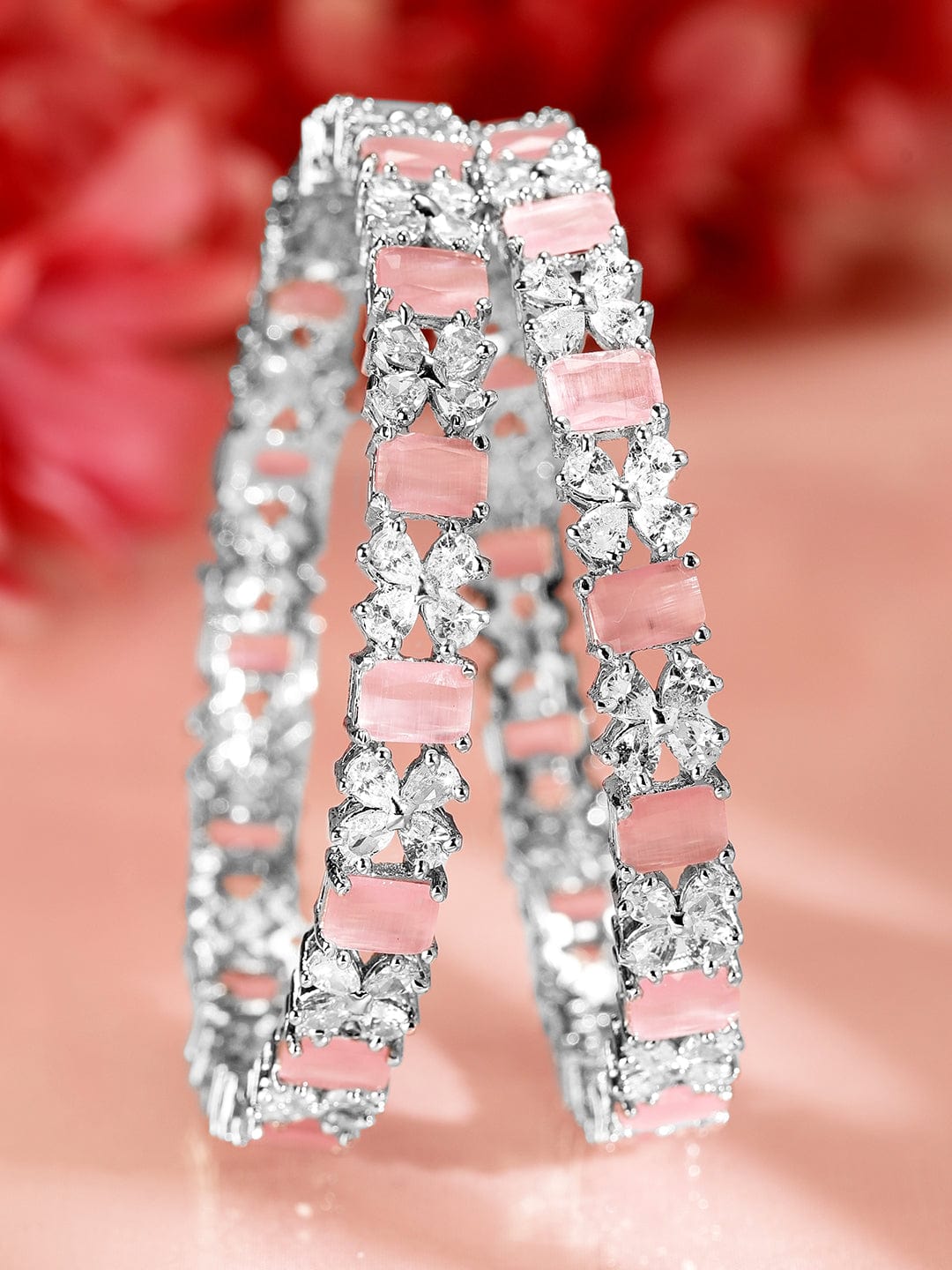 Wentra Set of 2 Rhodium-Plated Pastel Pink & White Cubic Zirconia Studded Bangles