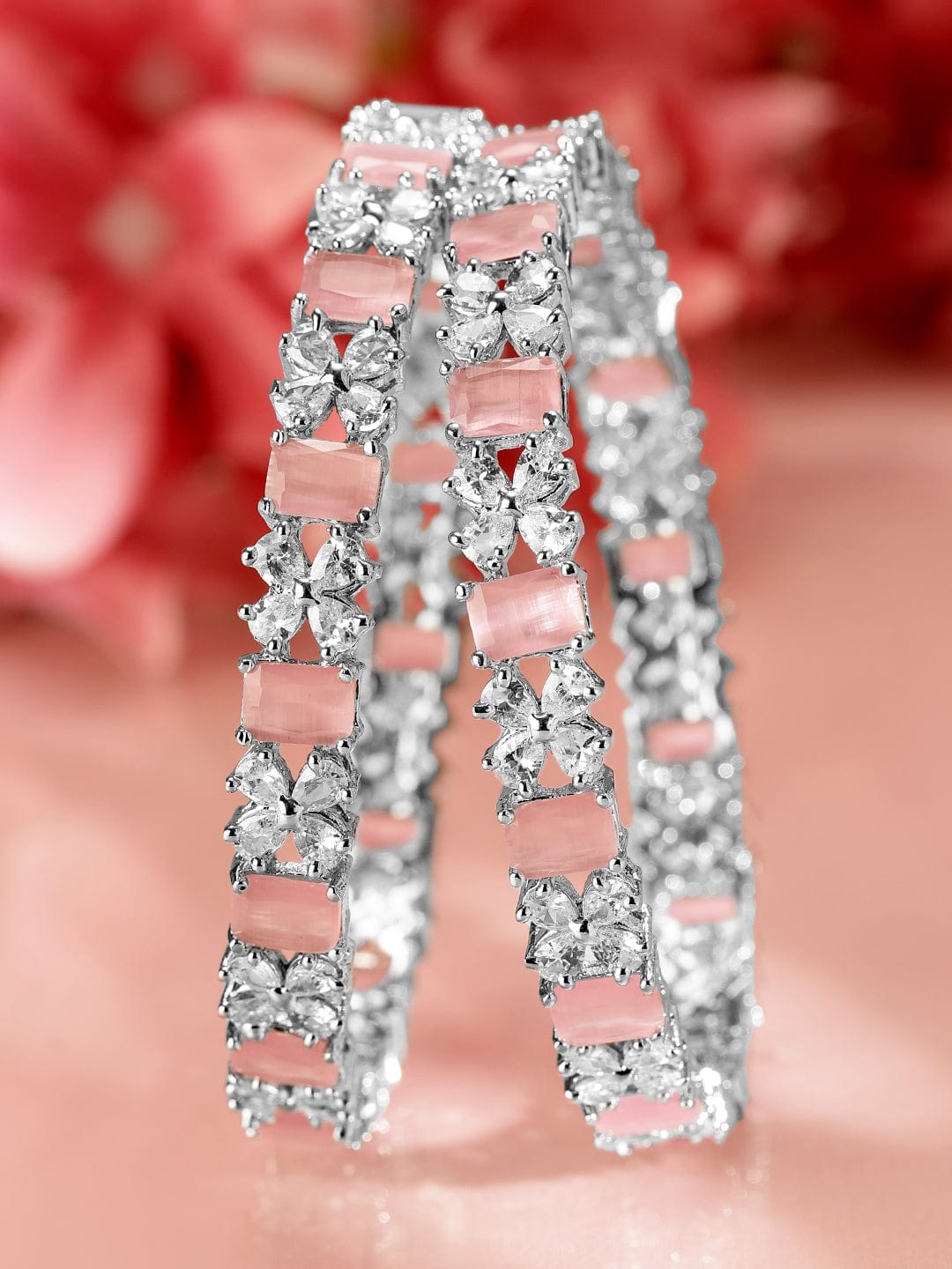 Wentra Set of 2 Rhodium-Plated Pastel Pink & White Cubic Zirconia Studded Bangles