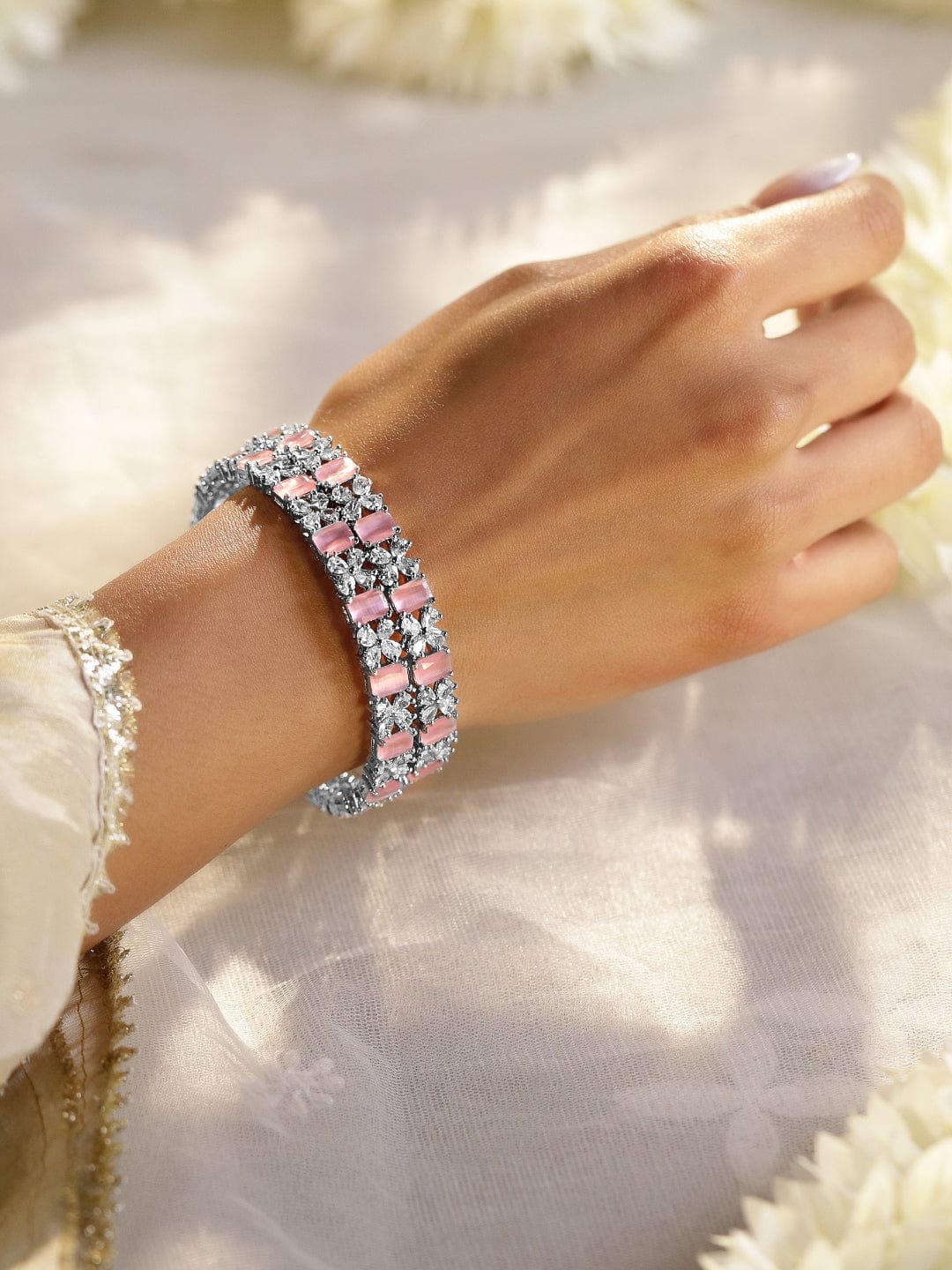 Wentra Set of 2 Rhodium-Plated Pastel Pink & White Cubic Zirconia Studded Bangles