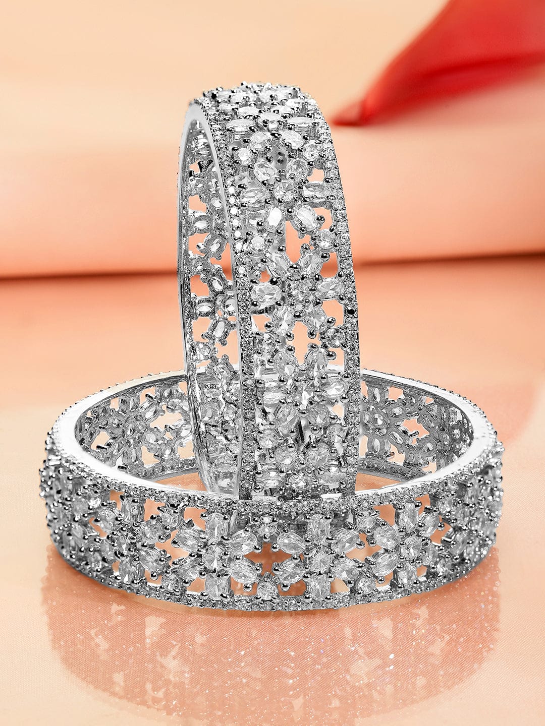 Wentra Set of 2 Rhodium Plated Premium Quality White AD & Cubic Zirconia Studded Bangles