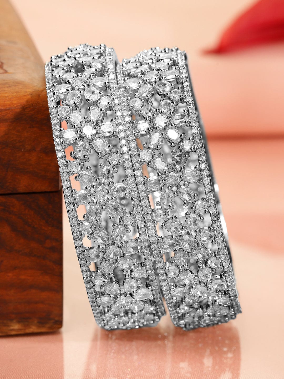 Wentra Set of 2 Rhodium Plated Premium Quality White AD & Cubic Zirconia Studded Bangles