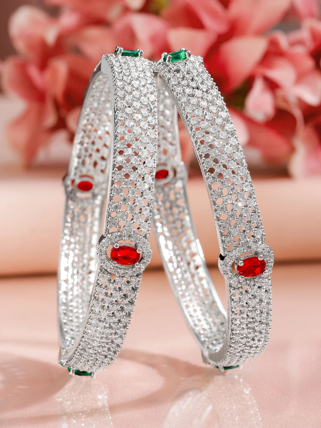 Wentra Set of 2 Rhodium-Plated Ruby Emerald and Cubic Zirconia Studded Premium Bangles