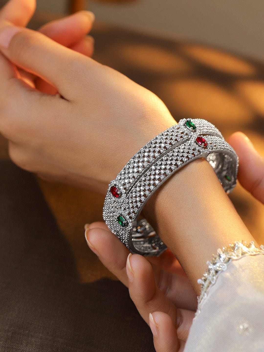 Wentra Set of 2 Rhodium-Plated Ruby Emerald and Cubic Zirconia Studded Premium Bangles