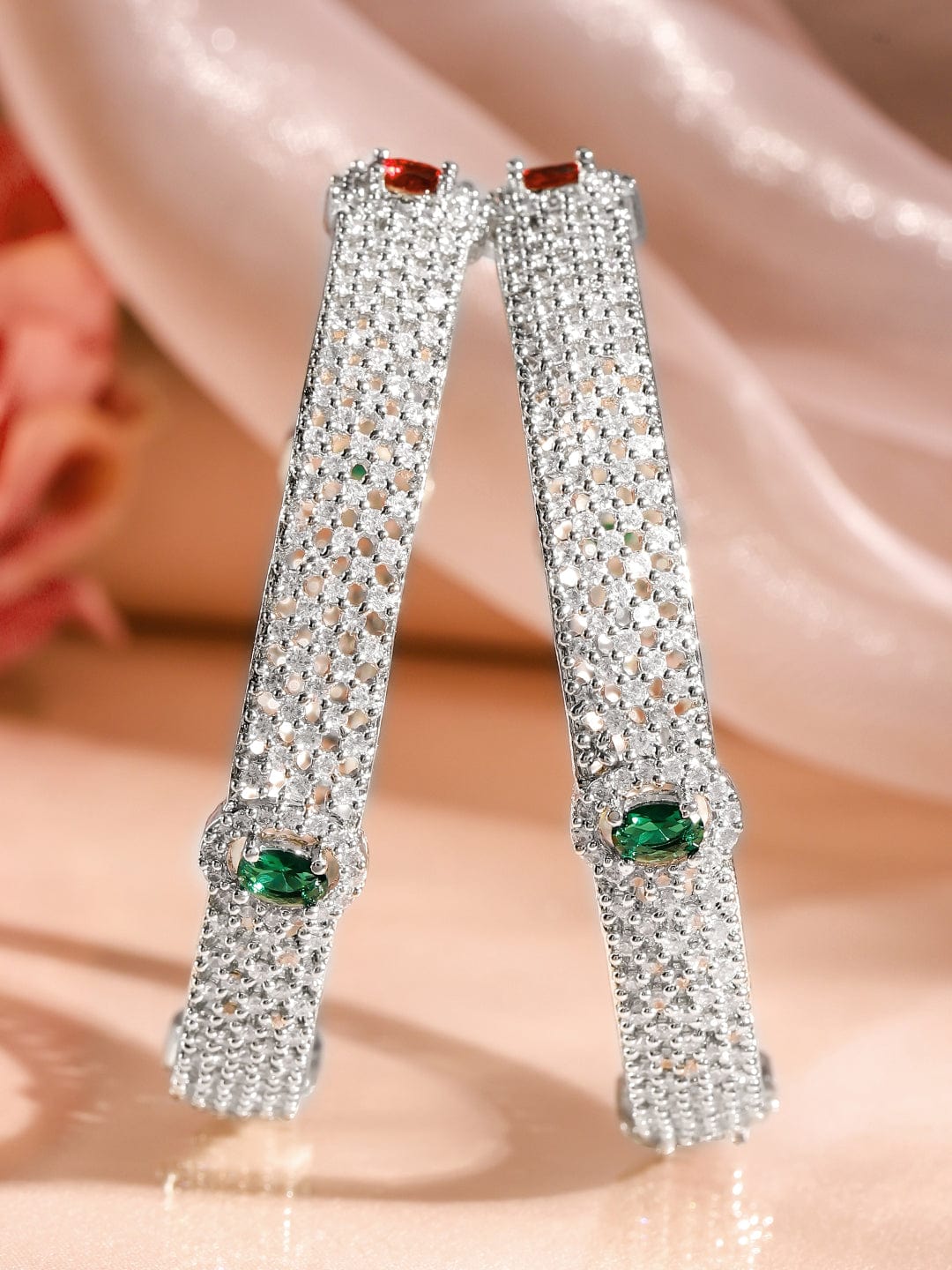 Wentra Set of 2 Rhodium-Plated Ruby Emerald and Cubic Zirconia Studded Premium Bangles