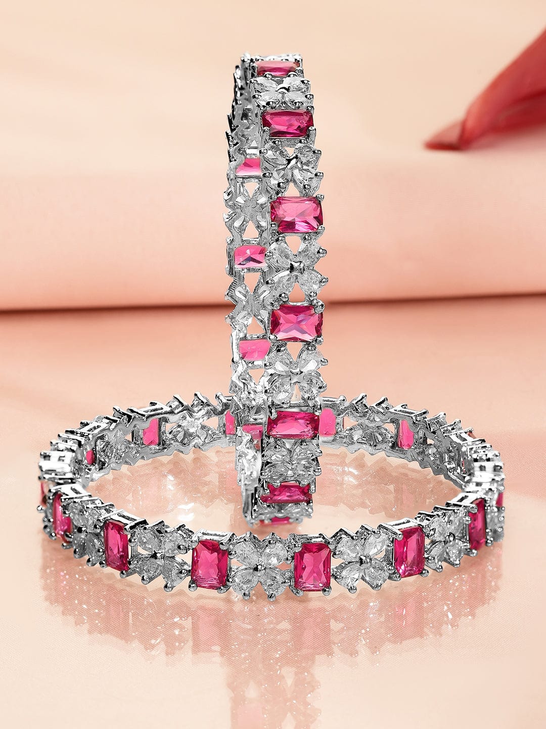 Wentra Set of 2 Rhodium-Plated Ruby Pink & White Cubic Zirconia Studded Floral Bangles