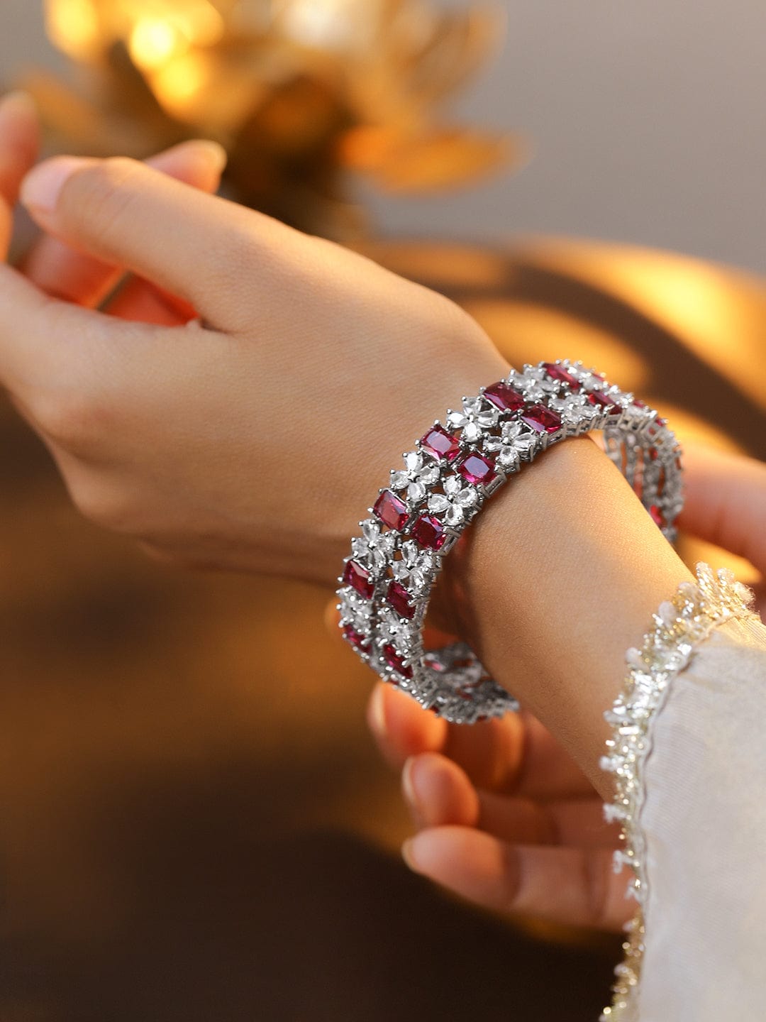 Wentra Set of 2 Rhodium-Plated Ruby Pink & White Cubic Zirconia Studded Floral Bangles